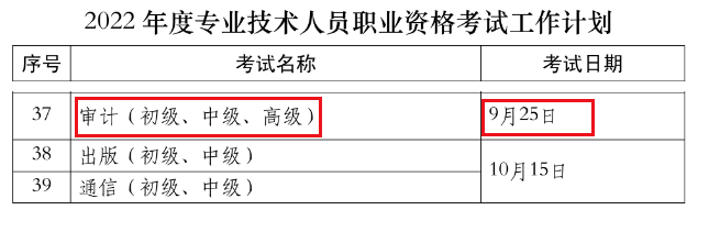 2022年广西中级审计师考试时间：9月25日