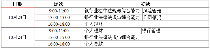 2021年下半年陕西初级银行从业资格考试时间：10月23日、24日