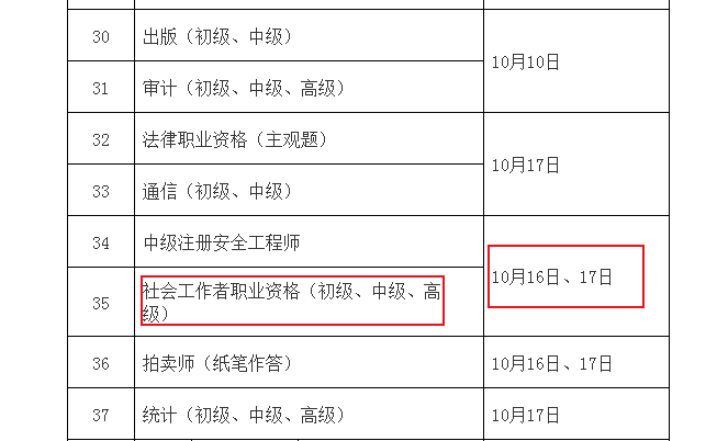 2021年吉林社会工作者考试时间：10月16日、17日